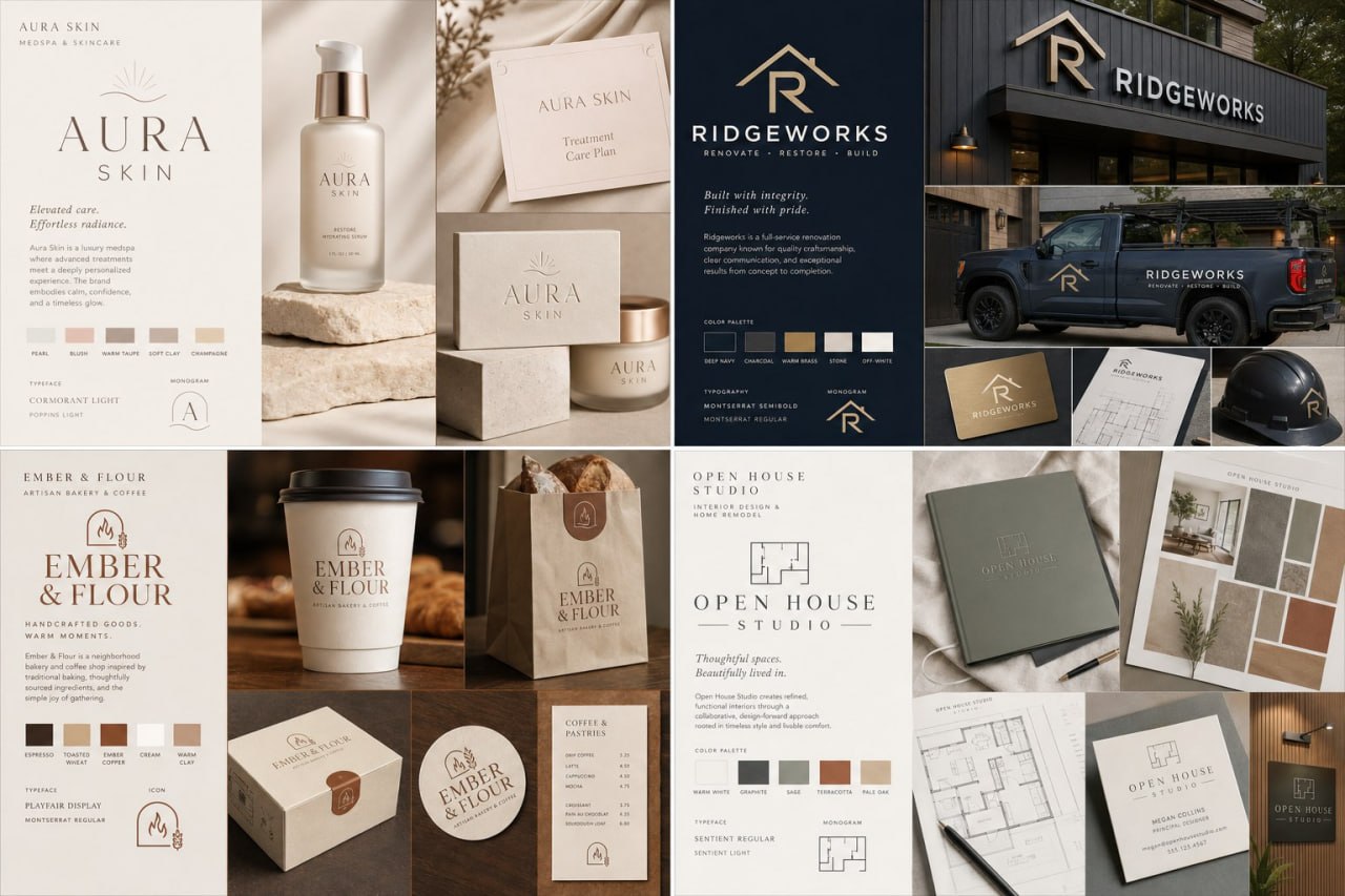 Branding board collage with logo systems and visual identity mockups