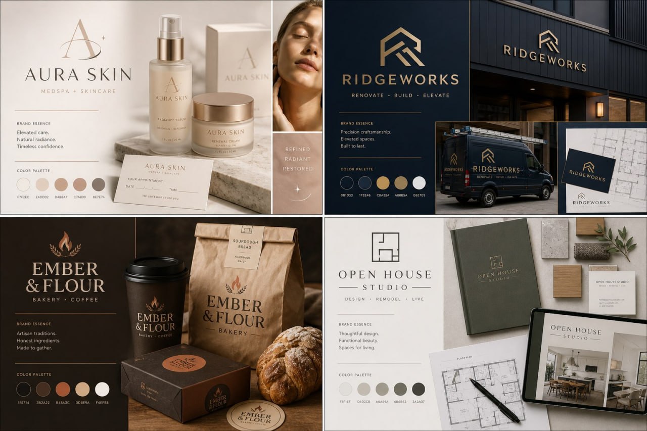 Brand styling board with logos, color palette, typography, and mockups