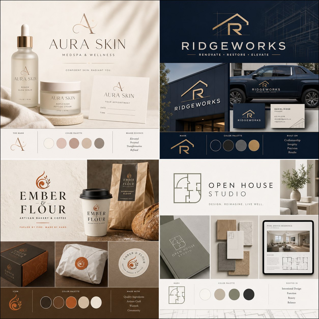 Collection of complete brand boards for small business identity concepts