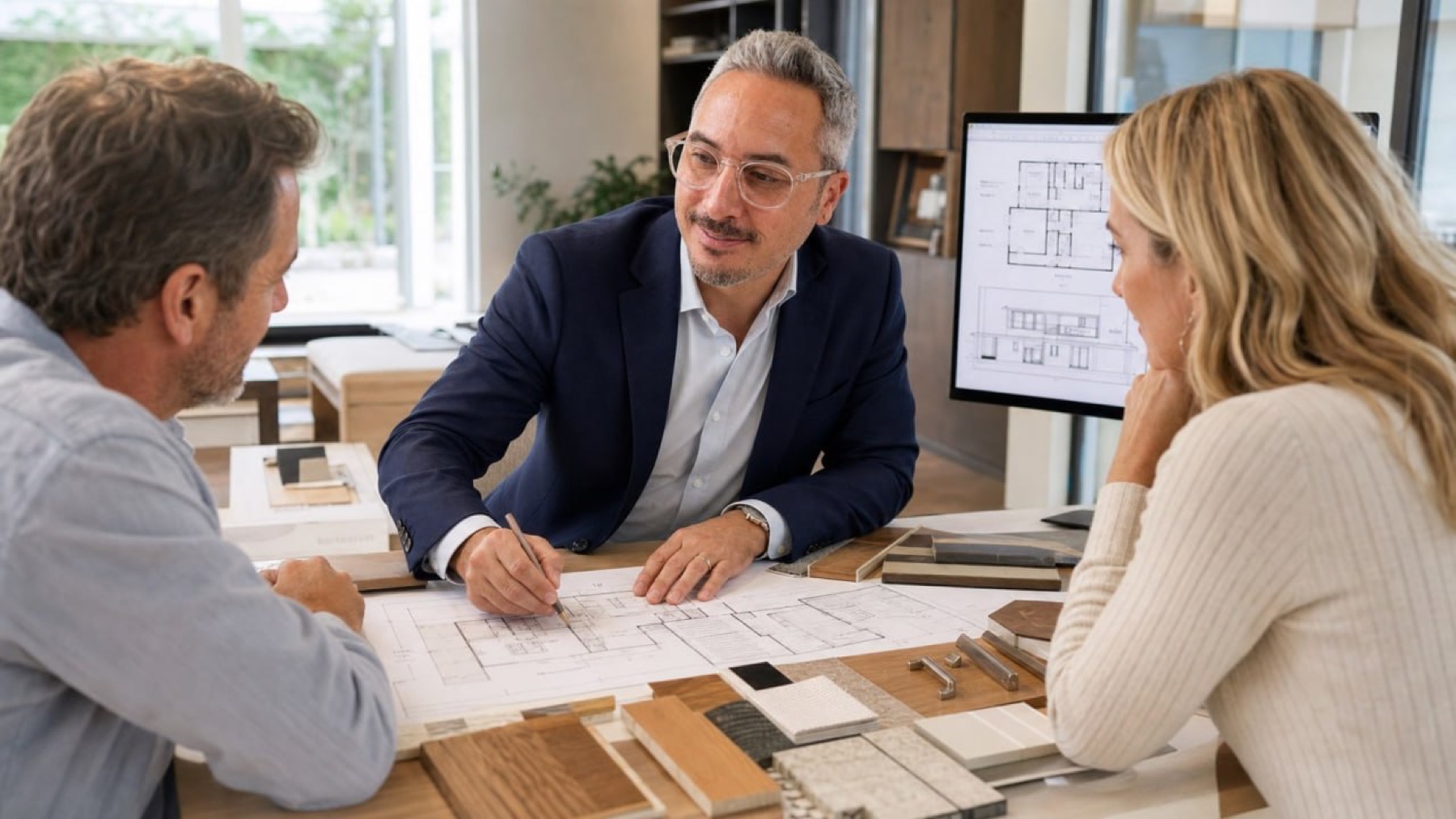Collaborative design consultation with plans, samples, and project discussion